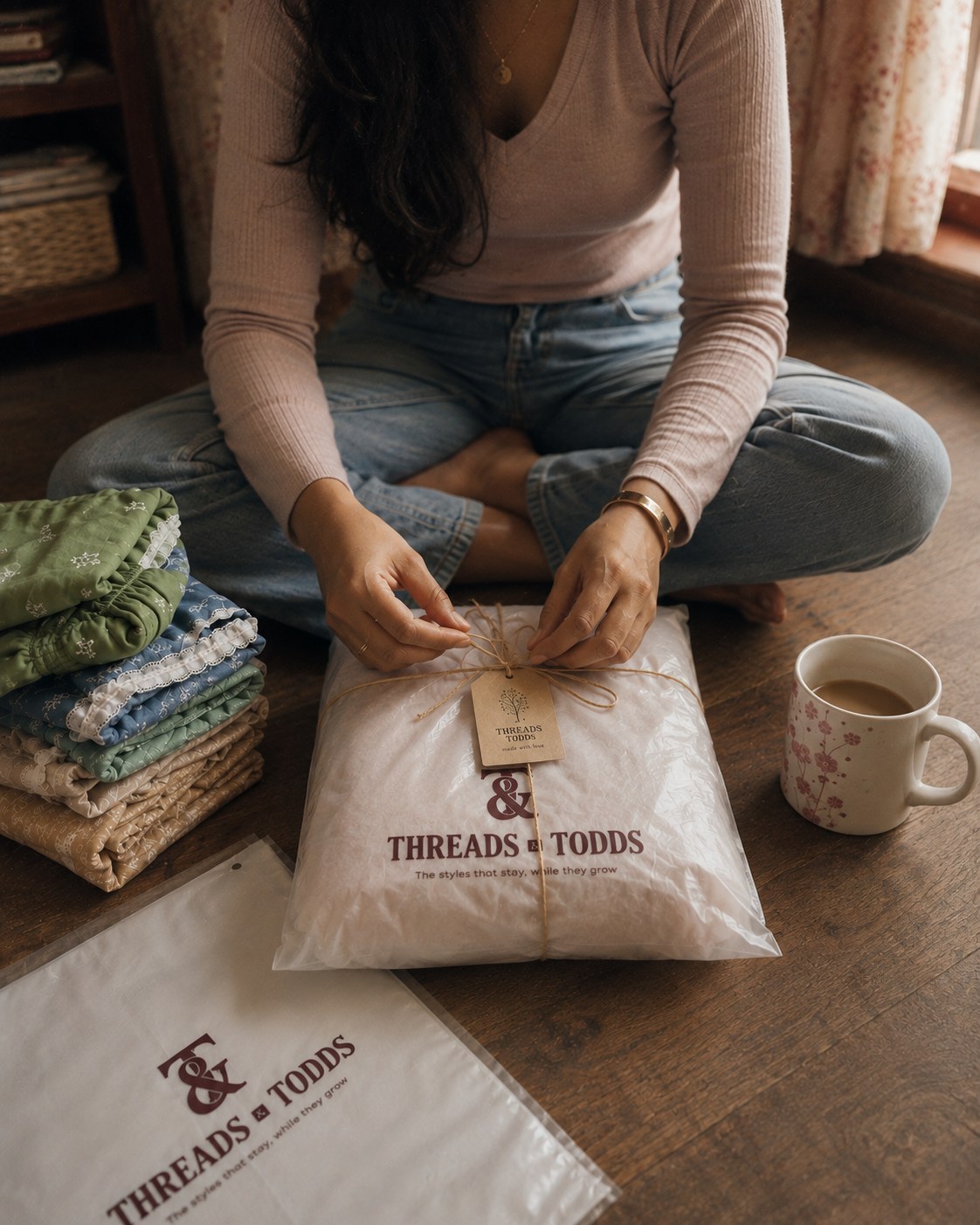 A hand-picked order being tied with twine and a Threads & Todds tag